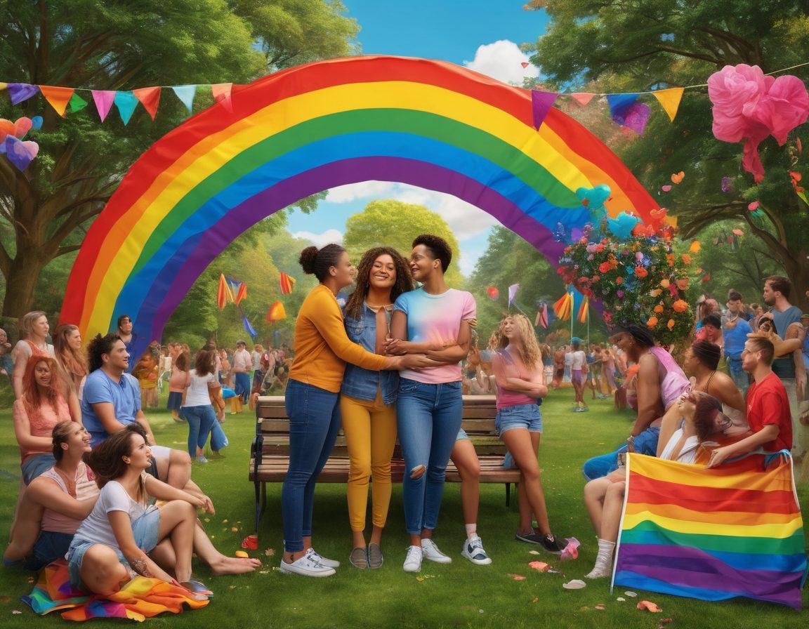 A vibrant and colorful collage showcasing diverse LGBTQ relationships and friendships. Include a variety of people engaged in meaningful conversations and joyful interactions in a park setting, surrounded by rainbow flags and symbols of love. Emphasize warmth, connection, and inclusivity with a soft, inviting atmosphere. super-realistic. vibrant colors. 3D.