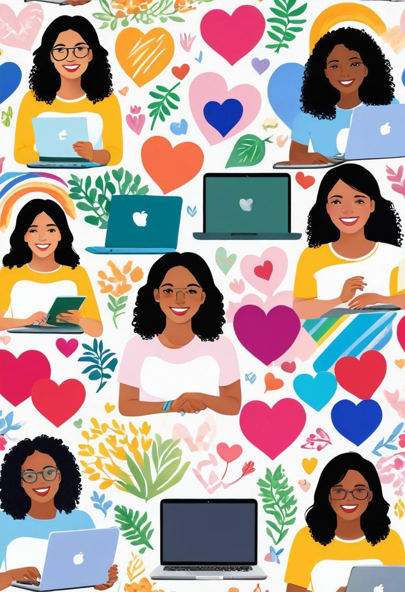 A vibrant and inviting digital collage showcasing diverse women joyfully connecting through online platforms, surrounded by symbols of love and support, such as hearts and rainbows. Include a variety of backgrounds representing different cultures and lifestyles, with soft pastel colors to evoke warmth and acceptance. Illustrate elements of technology like laptops and smartphones to represent online dating, intertwined with nature-inspired motifs like flowers and greenery. super-realistic. vibrant colors. white background.
