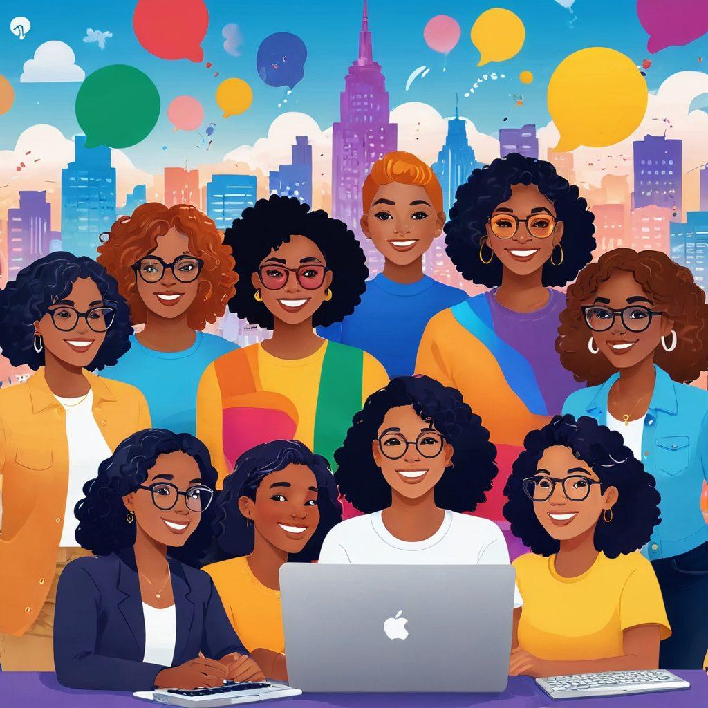 A vibrant digital illustration of diverse women engaging in a lively virtual meetup, surrounded by colorful chat bubbles and emojis symbolizing connection and friendship. The background features a stylized city skyline transformed to a virtual landscape, highlighting inclusivity and community spirit. Include elements like laptops and colorful banners that celebrate LGBTQ+ pride. bright and colorful. digital art.